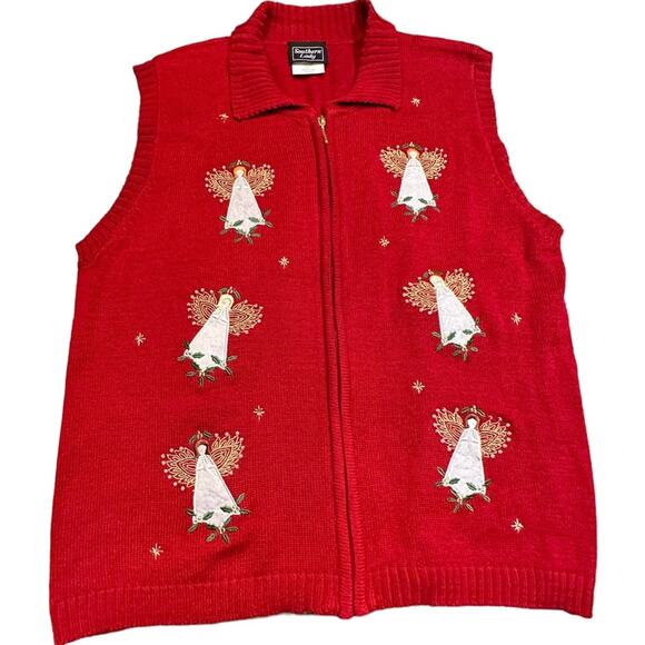 Southern Lady Christmas Angels Zip Front Sweater Vest in Red Cotton Blend Large - Picture 1 of 10